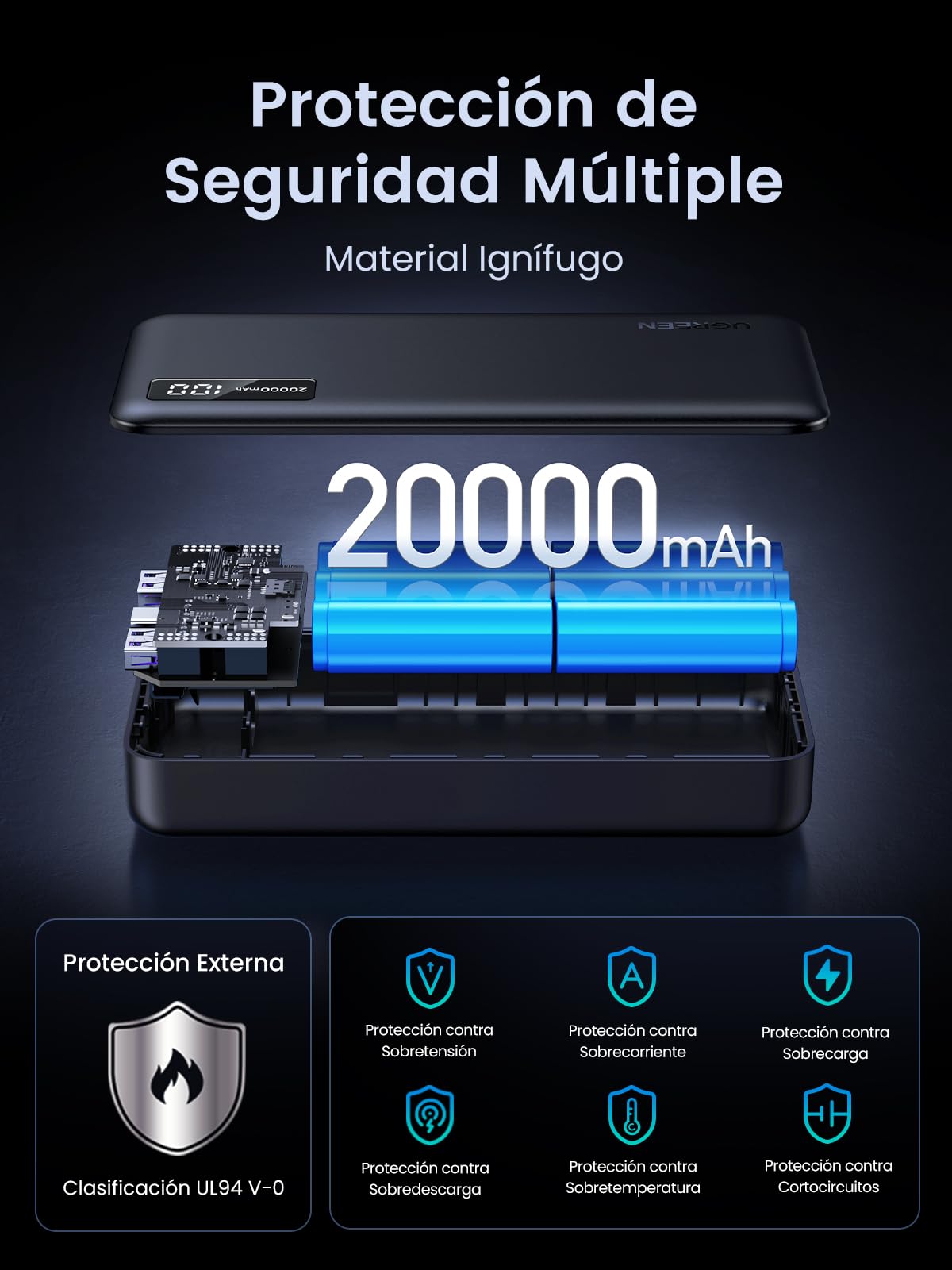 Power Bank UGREEN 20000mAh Negro Carga Rápida con Pantalla Digital 22.5W para iPhone, iPad y Galaxy