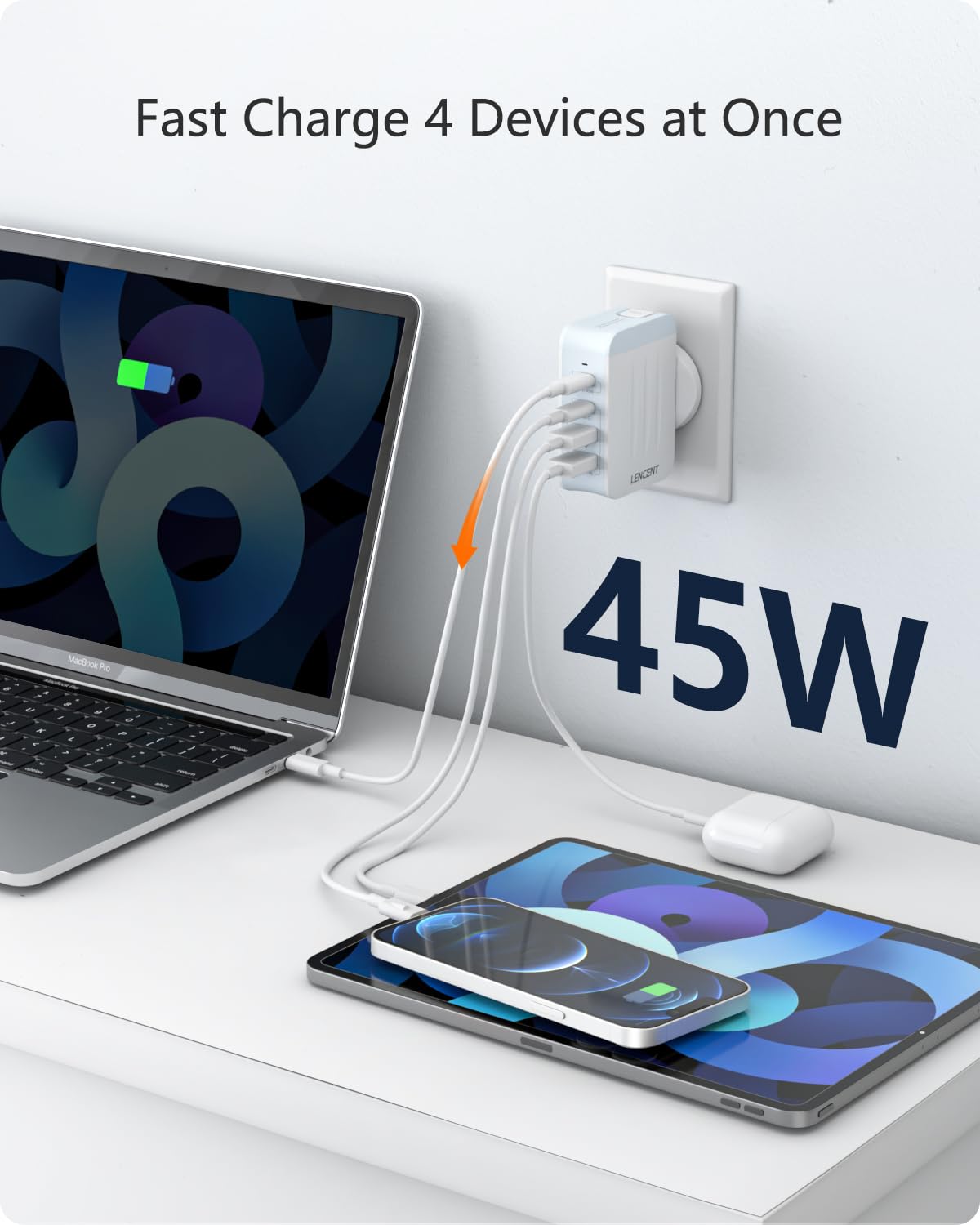 LENCENT 45W Cargador de Pared, Adaptador de Corriente con 2 Carga Rápida PD USB-C + 2 USB-A, Cargador Mundial para Teléfono Celular, Tabletas, Portátil, Todo en Uno Cargador Enchufe UK/US/UE/AUS