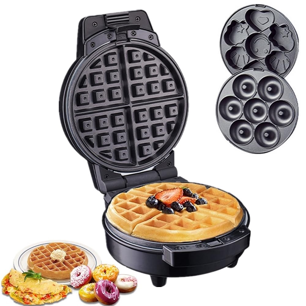KOLENSA Donut Maker, 3 en 1 máquina eléctrica de pasteles de dibujos animados, tostador de postre desmontable para sándwich, con 3 platos antiadherentes intercambiables extraíbles, para desayuno por