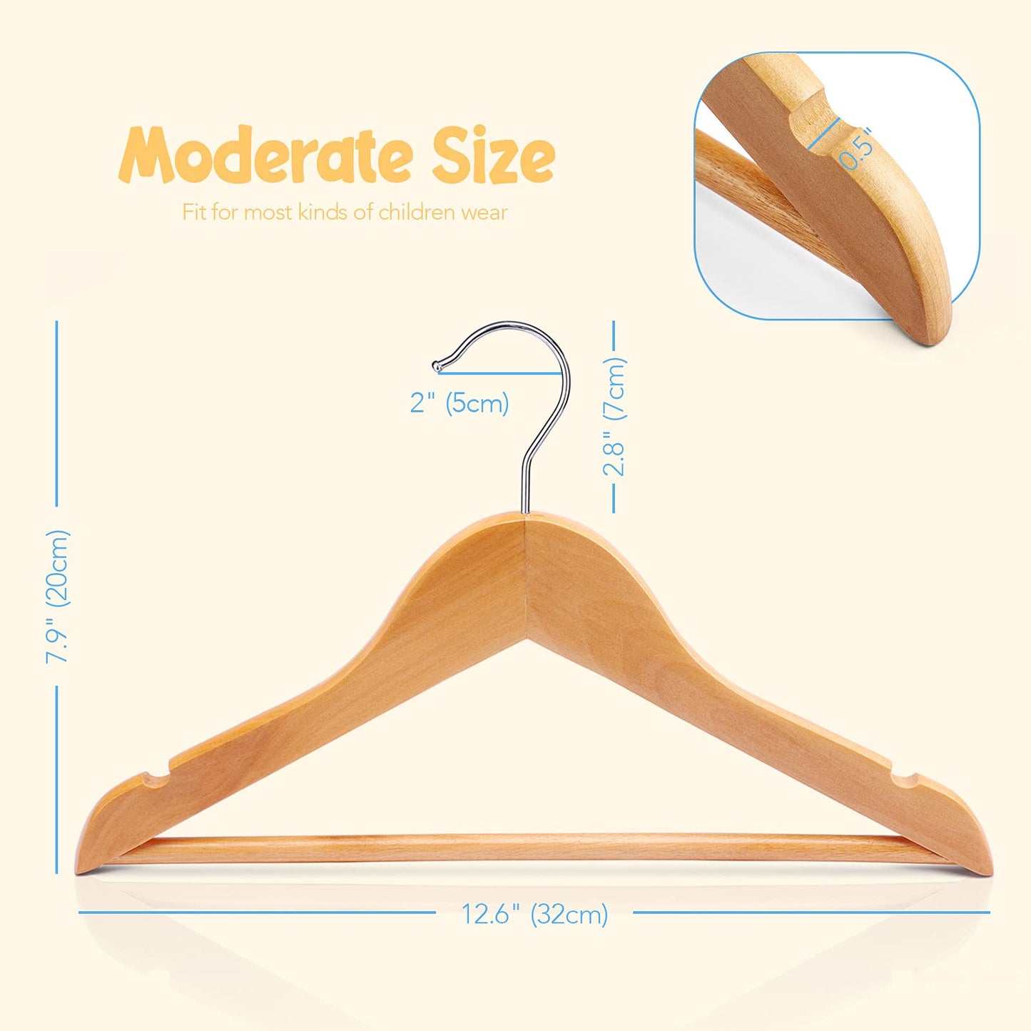 Cozymood - Perchas de madera para niños, paquete de 20 unidades, perchas de madera maciza lisa para bebé, perchas de 12.6 pulgadas con barra de pantalones antideslizante, muescas de hombro, ganchos