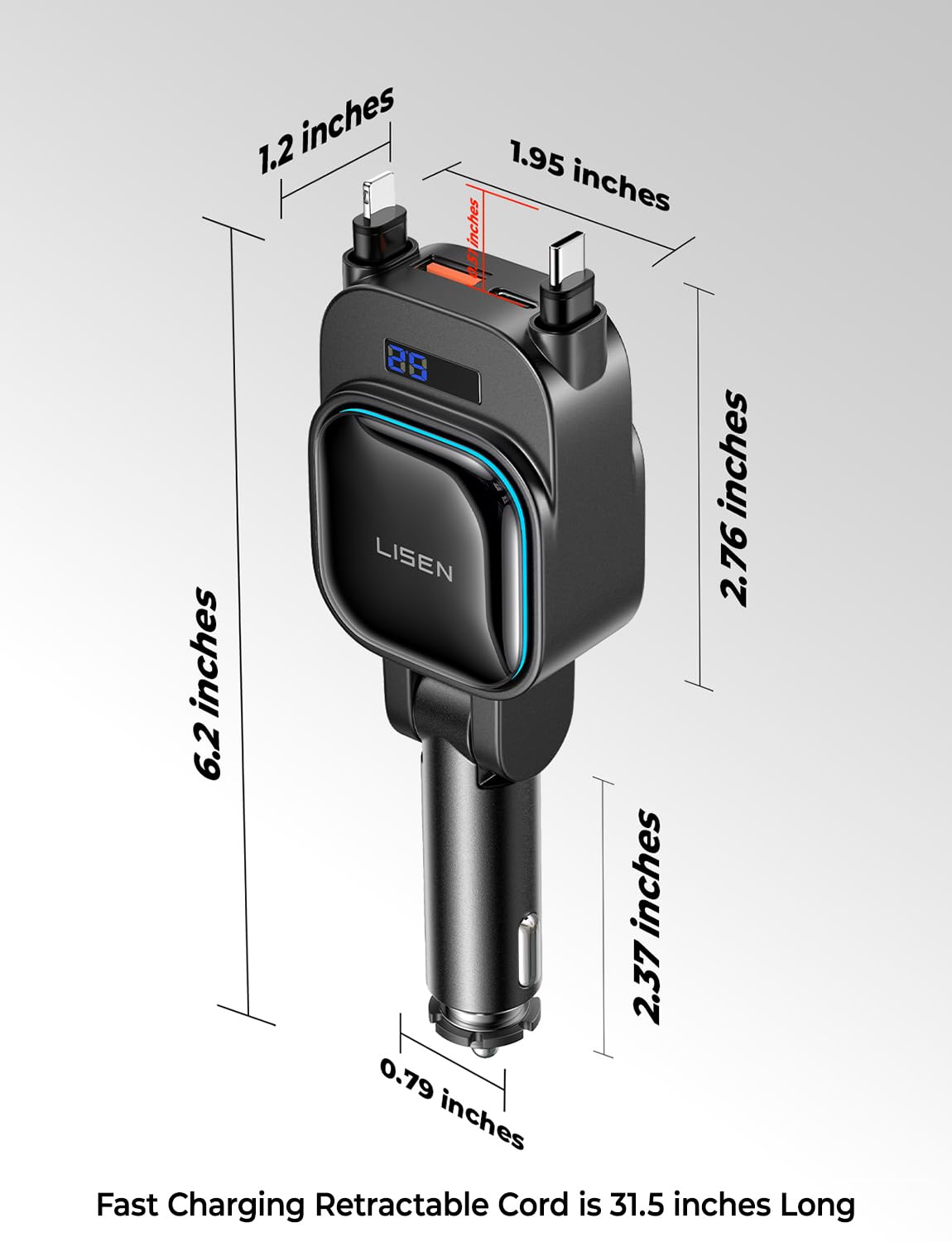 LISEN 96W Cargador de Auto Retráctil [2025 Actualizado] 4 en 1, Cargador de Coche USB C con iPhone Cable&30W Cable USB C, para iPhone 16/15/14, Galaxy S25/S24/S23 Ultra, Xiaomi, iPad Mini