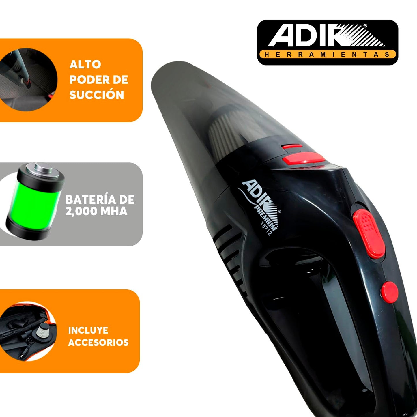Aspiradora Inalámbrica Recargable Adir Negra Premium Líquidos y Sólidos