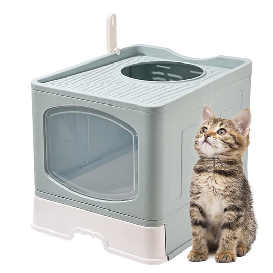 Arenero/Inodoro para Gato con Pala de Plegable, Caja de Arena para Gatos Removibles 51*44*41cm con Puerta Superior&Puerta Lateral Móvil de dos Direcciones, Antiolor y a Prueba de Salpicaduras (Azul)