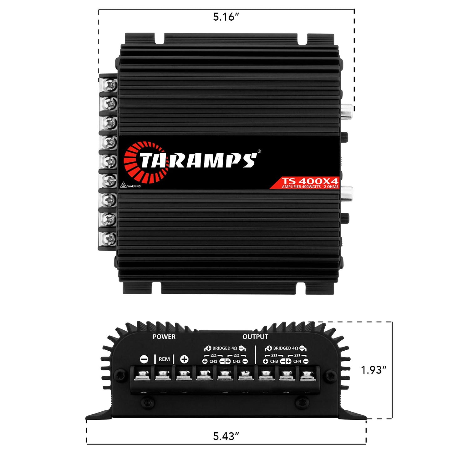 Amplificador de Audio para Coche Taramps TS 400x4 Negro Entrada Automática 400 Vatios RMS Rango Completo Multicanal