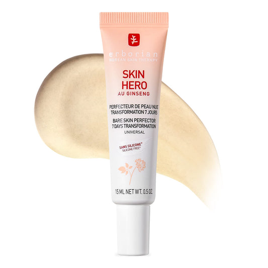 Erborian Skin Hero con ginseng blanco, cuidado facial sin teñir para perfeccionar la piel desnuda de 7 días con ácido hialurónico, cuidado facial cosmético coreano, 15 ml