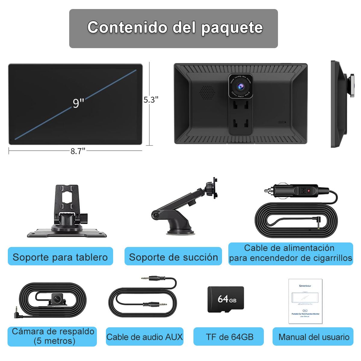 Autoestéreo para Carro Portátil de 9 Pulgadas con 2K Dashcam, Compatible con Todos los Vehículos, con CarPlay inalámbrico, Android Auto, WiFi, GPS, Bluetooth, Mirror Link y Cámara de Visión Trasera.