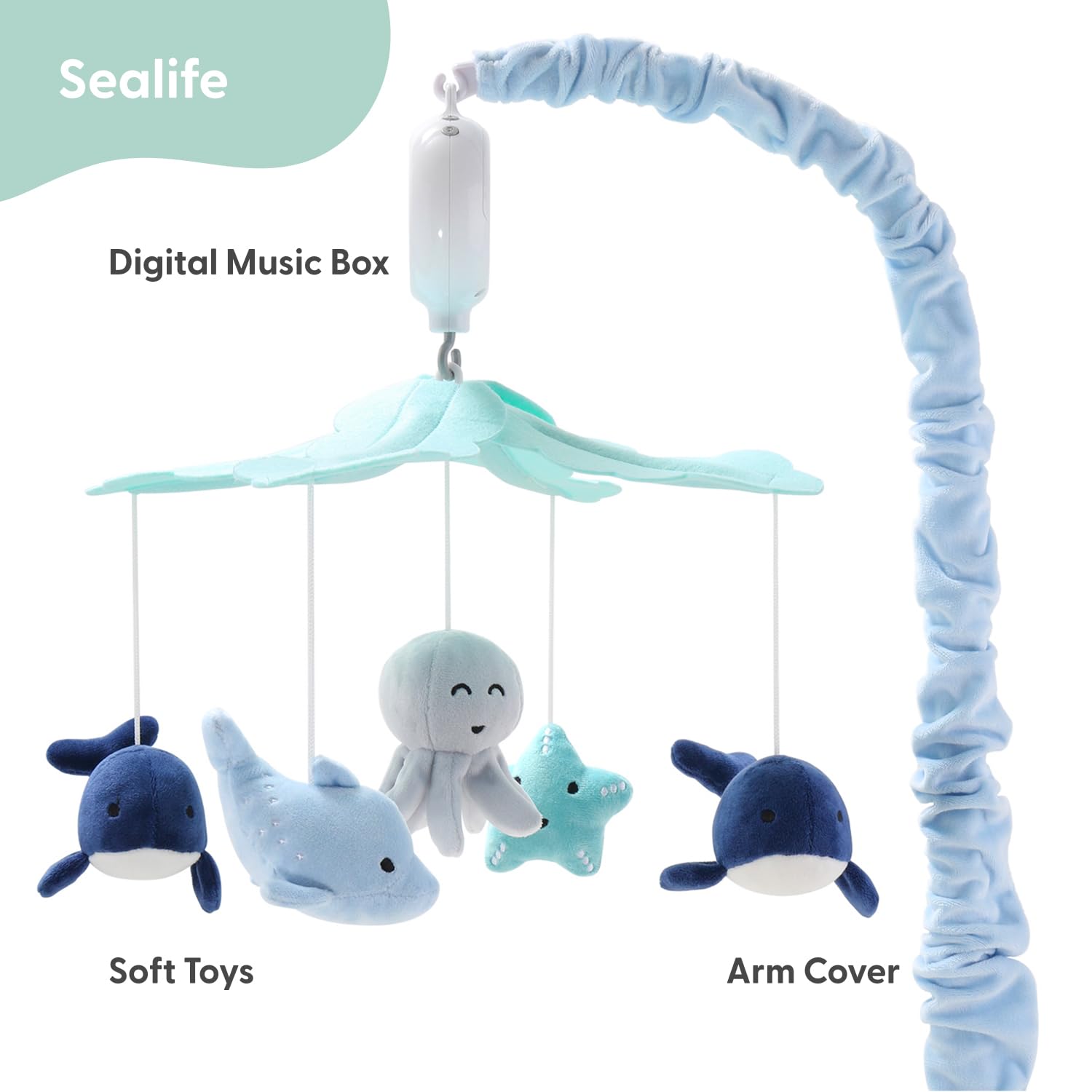 Móvil para Cuna The Peanutshell Azul Claro y Oscuro con 12 Canciones de Cuna decoración Náutica para Bebés Oceánicos