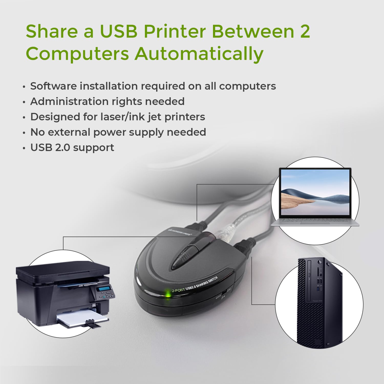 IOGEAR 2-Port USB 2.0 Automatic Printer Switch, GUB231