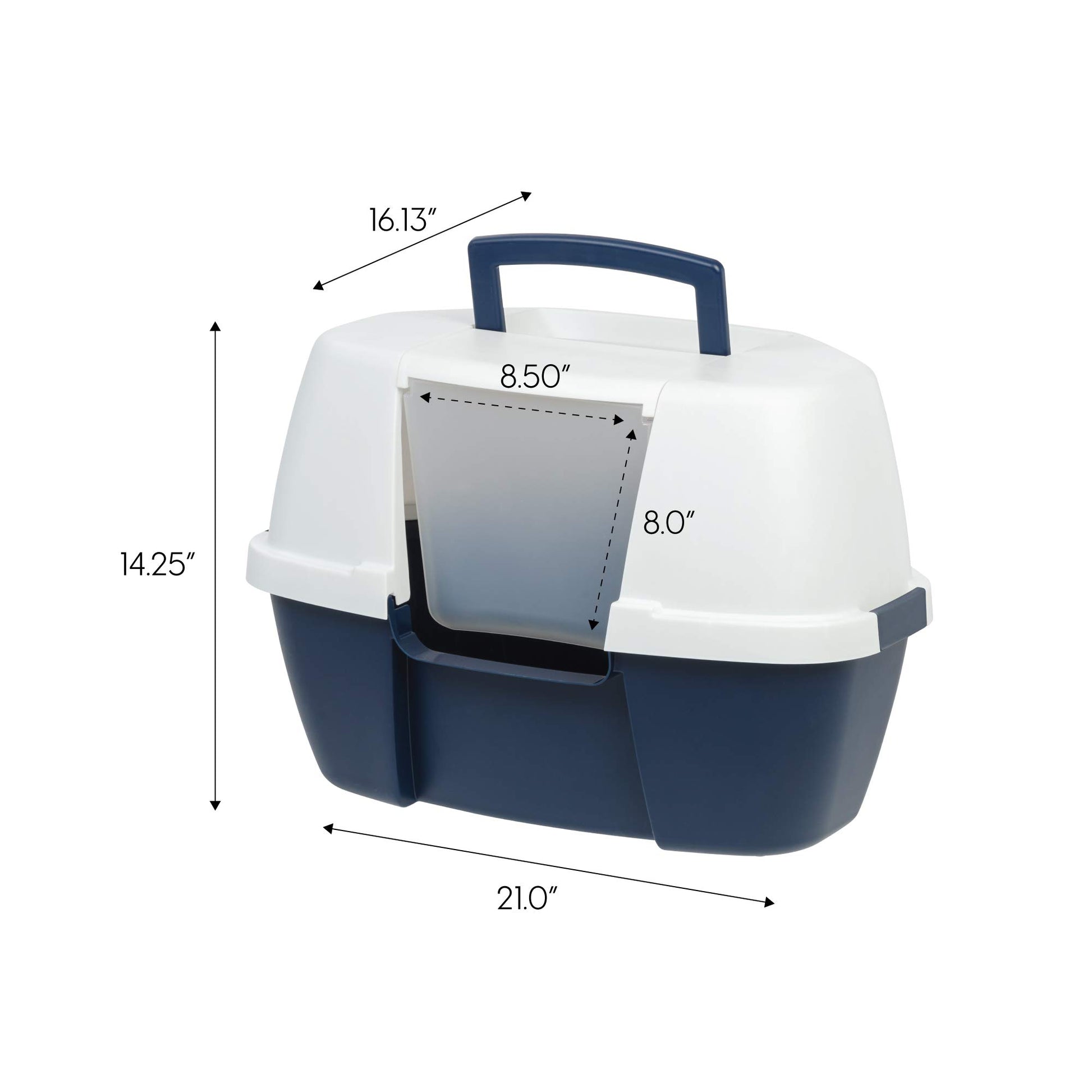 IRIS USA Large Enclosed Corner Cat Litter Box with Front Door Flap and Scoop, Hooded Kitty Litter Tray with Easy Access Lift Top Handle and Buckles for Portability and Privacy, Navy/White