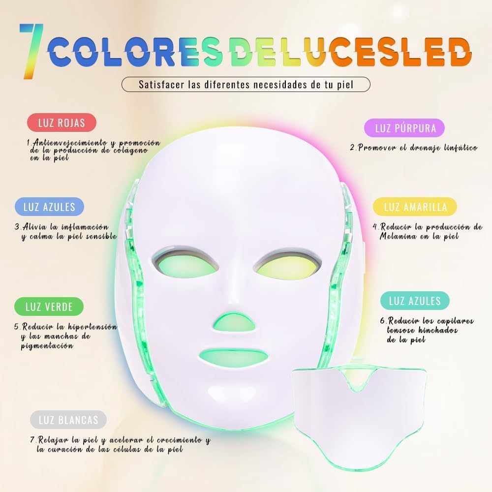 Máscara LED Cuello de La Cara Anti Arrugas Eliminación de Acné Máquina, Mascarilla LED para El Cuello, Herramientas para El Cuidado de La Piel con Mascarilla de 7 Colores