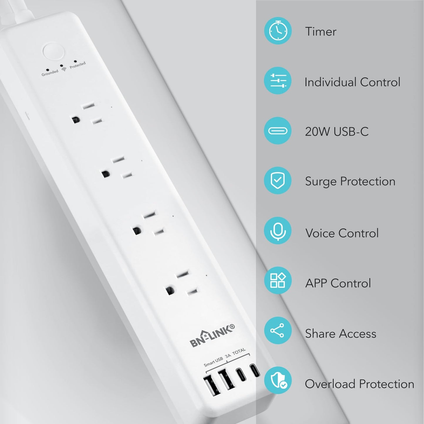 BN LINK Smart Plug Power Strip, protector contra sobretensiones con 4 tomas inteligentes controladas individualmente, 4 USB (incl. 20 W USB-C), compatible con Alexa y Google Home