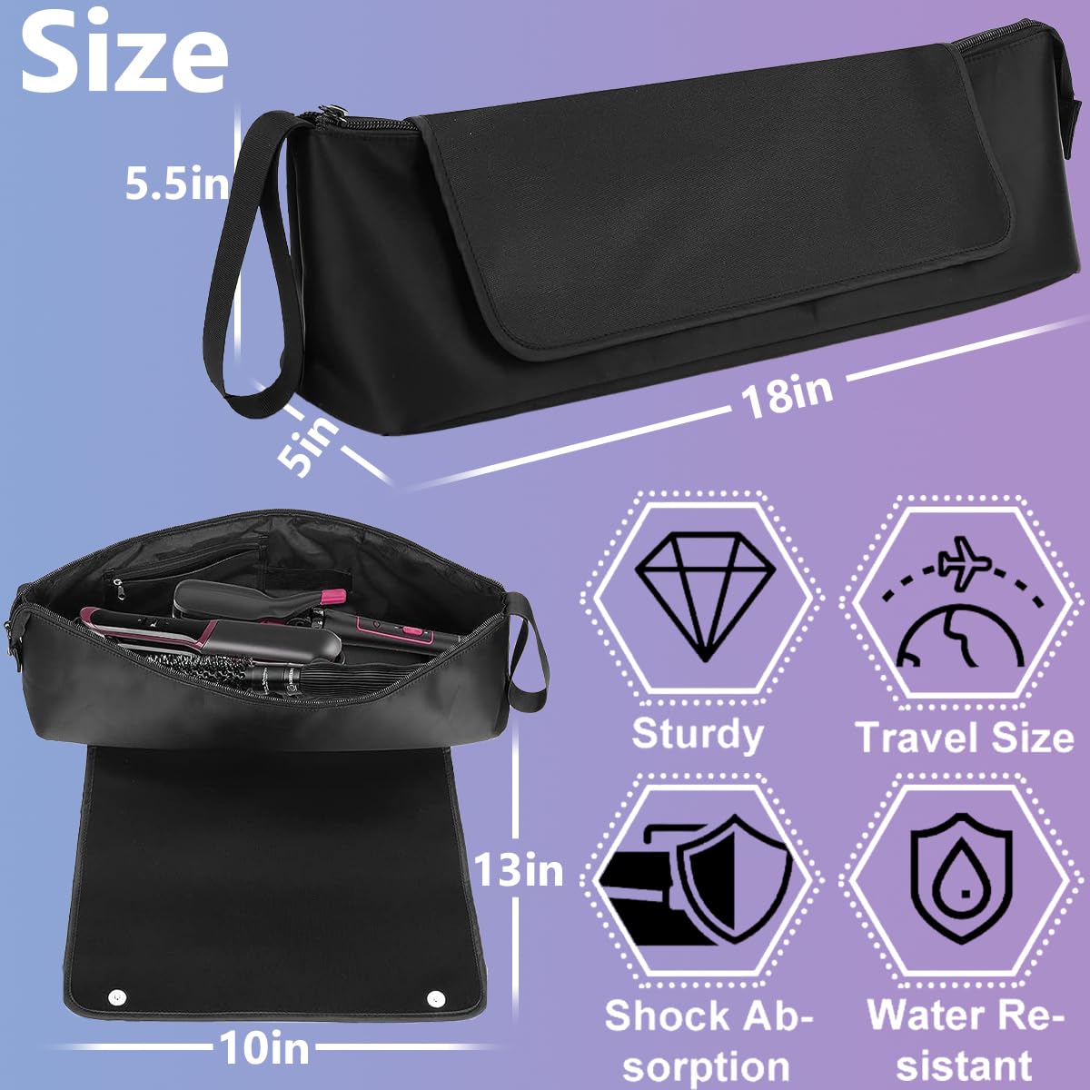 Hair Tools - Bolsa de viaje, funda de viaje de hierro plano 2 en 1 con almohadillas resistentes al calor, bolsos de viaje para peluquería resistente al calor para rizadores (Negro)