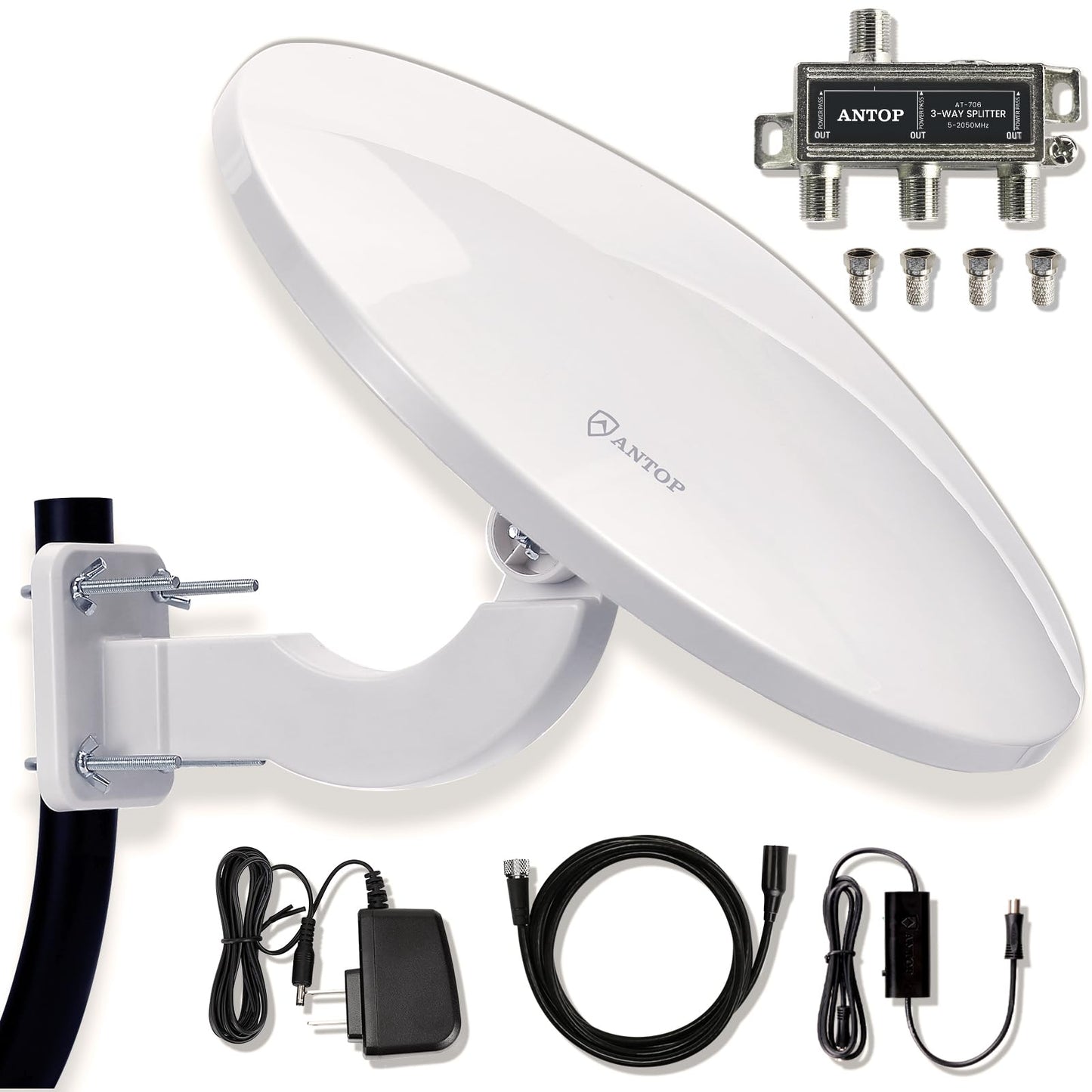 ANTOP - Antena de TV Omnidireccional para Canales Locales, HDTV, RV/Marine, 360° con Amplificador Inteligente y Filtro Integrado para Bloquear Señales 3G 4G 5G, 65 Millas de Alcance