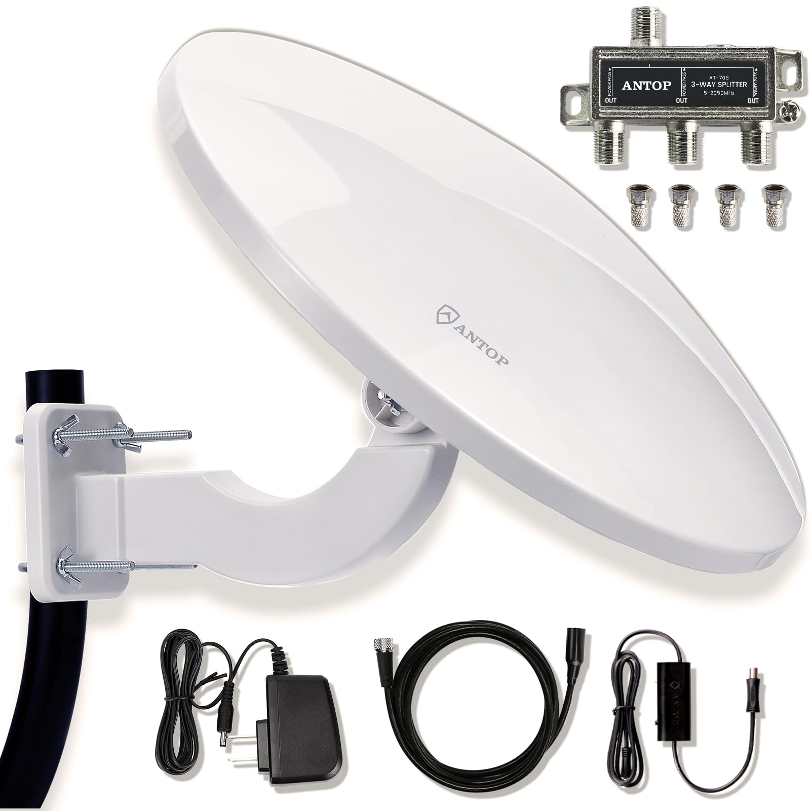 ANTOP - Antena de TV Omnidireccional para Canales Locales, HDTV, RV/Marine, 360° con Amplificador Inteligente y Filtro Integrado para Bloquear Señales 3G 4G 5G, 65 Millas de Alcance