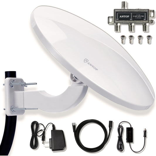 ANTOP - Antena de TV Omnidireccional para Canales Locales, HDTV, RV/Marine, 360° con Amplificador Inteligente y Filtro Integrado para Bloquear Señales 3G 4G 5G, 65 Millas de Alcance