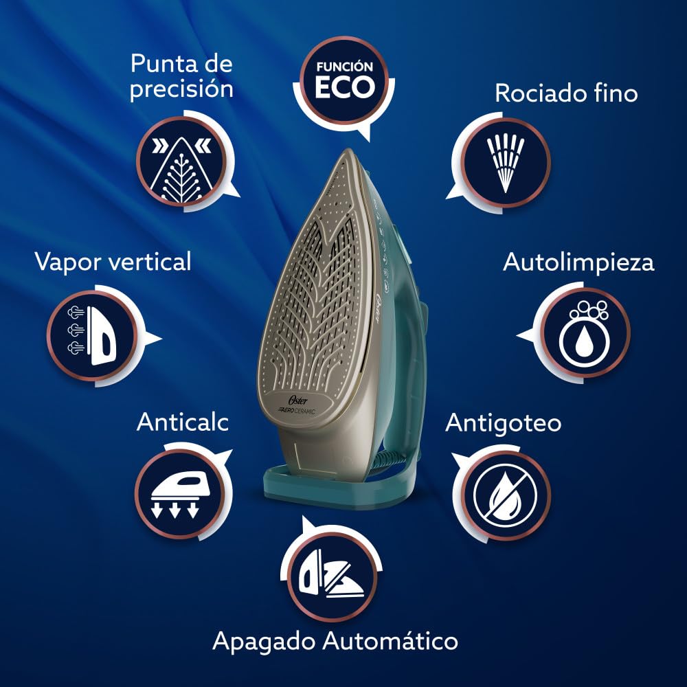 Oster Plancha de Vapor, AeroGlide Max S7800, con Golpe de Vapor 200 g/min, Recubrimiento Metálico Cerámico, Suela con más Cobertura, Aeroceramic, Eco, Apagado Automático, Verde Oscuro, GCSTAC7802-013