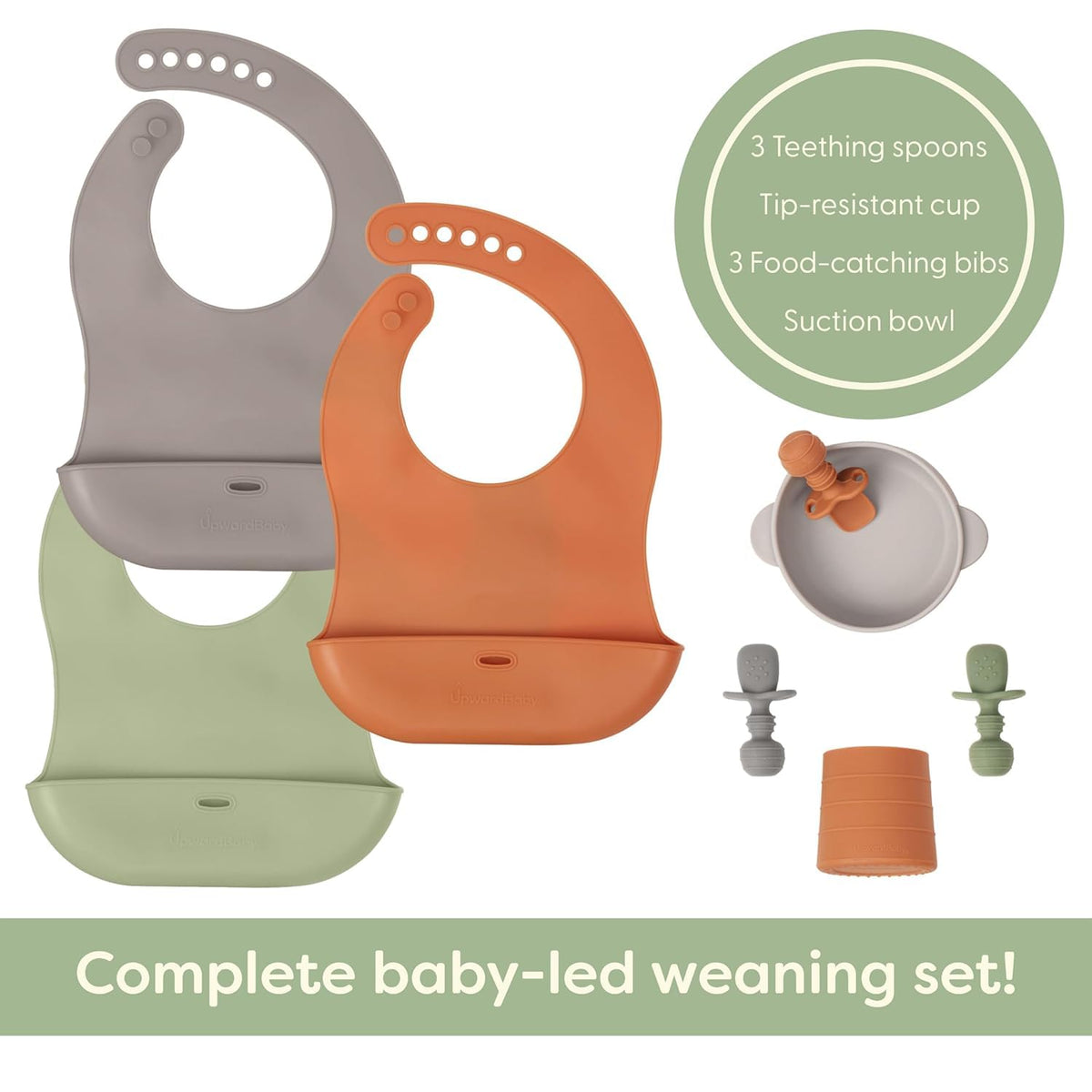 Upward Baby Eating Supplies - 6 meses de edad, utensilios de destete LED para bebés de 6 a 12 meses, cuencos de ventosa, platos de bebé, cucharas y tazas para niños pequeños con 3 baberos de silicona, juego de autoalimentación para bebés