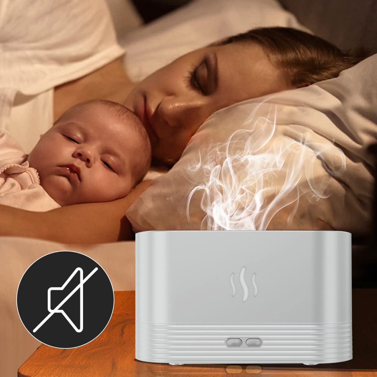 INGEQUIS Difusor de Lámpara Nocturna con Forma de Llamas, 2 Modos de Brillos Ajustables, Humidificación Silenciosa de 180ml, Lámpara Nocturna Decorativa (Blanco-RGB)