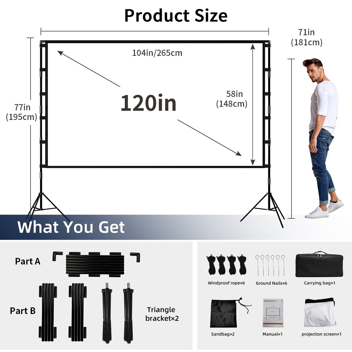 Wootfairy - visualización de proyección plegable y portátil de 120 pulgadas, visualización de proyección 16:9 4K HD trasera frontal sin arrugas con bolsa de transporte para interiores y exteriores,