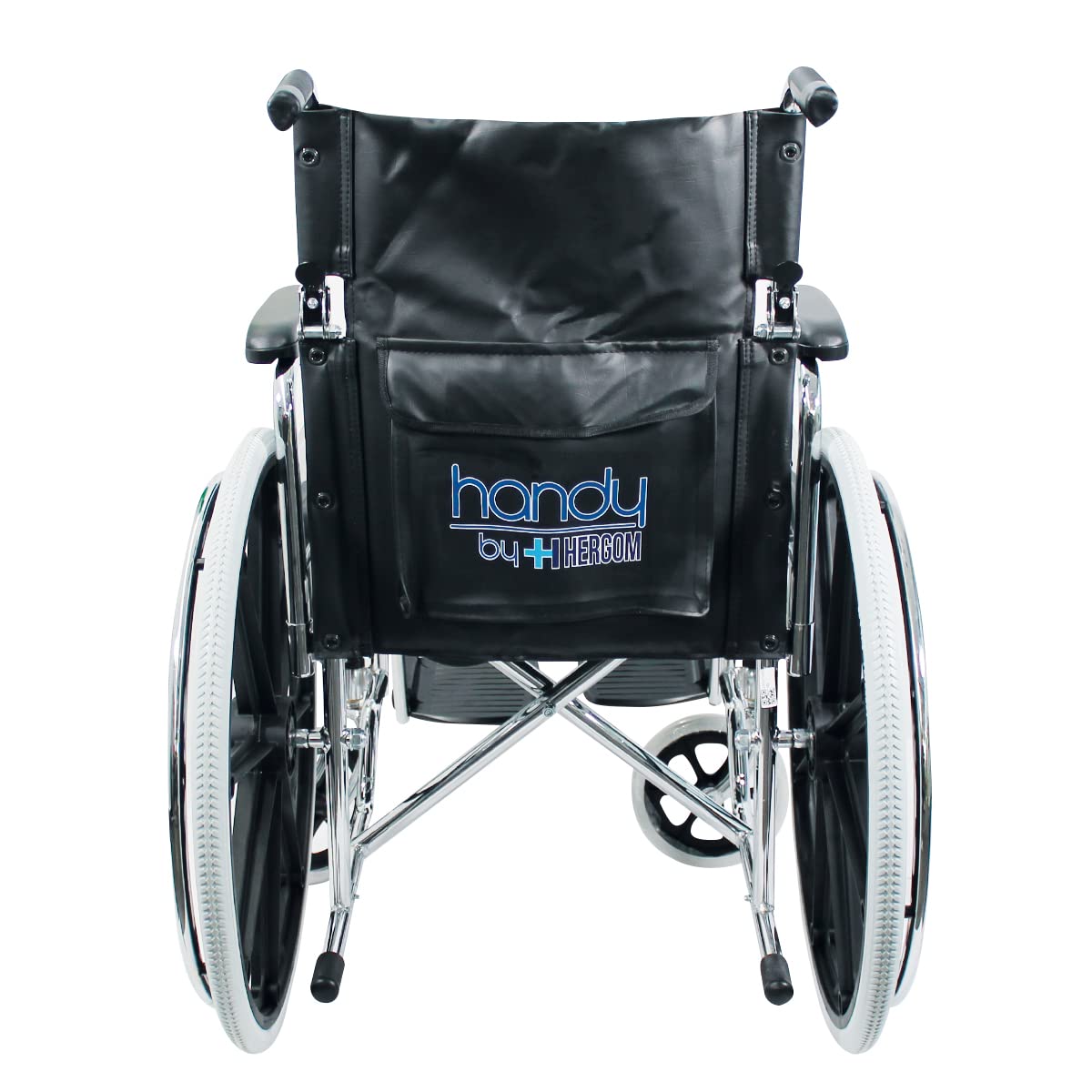 HANDY BY HERGOM Silla de Ruedas Suprema Cromada con Eleva Piernas S400 / Codera blanda / Respaldo abatible / Descansa brazos desmontable tipo escritorio / Frenos reforzados / Doble cruceta antivuelco/ Estructura plegable/ Medidas 89x95 cm