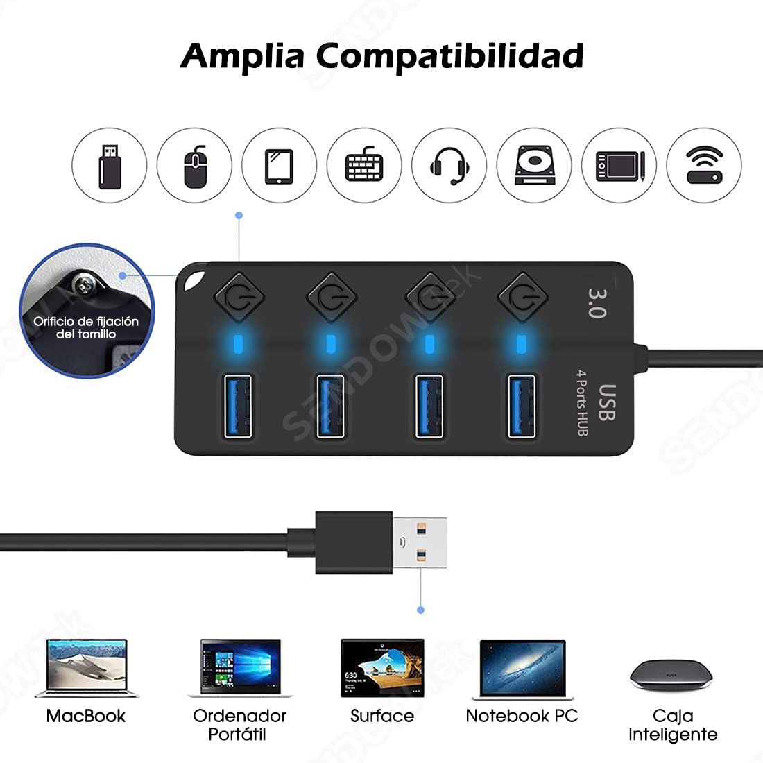 Hub USB Sendowtek Negro 3.0 Universal de 4 Puertos con Interruptores y LED