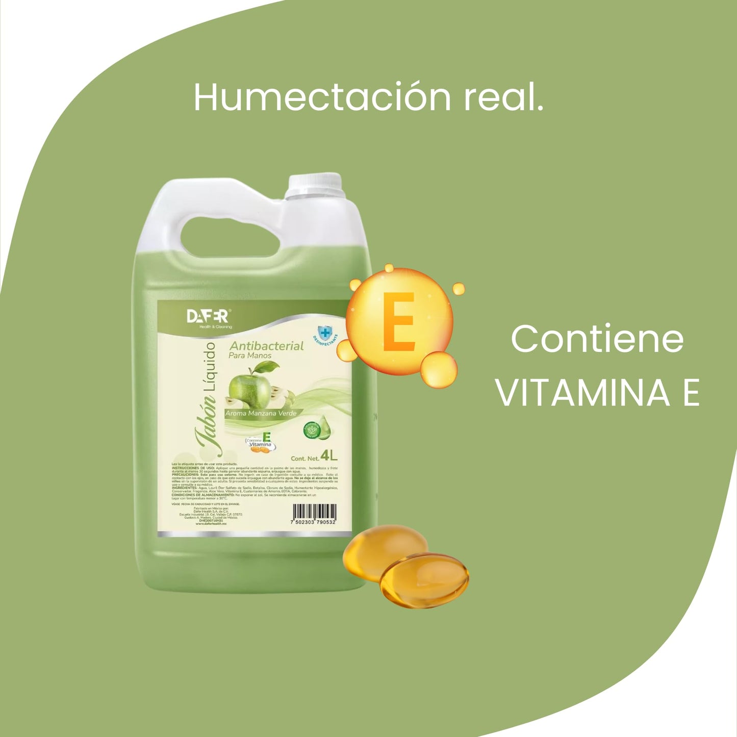 Dafer Health & Cleaning Jabón Líquido antibacterial para manos adicionado con Vitamina E y Aloe Vera por galón o garrafa, buena consistencia, shampoo para manos. (Manzana verde, 4L)