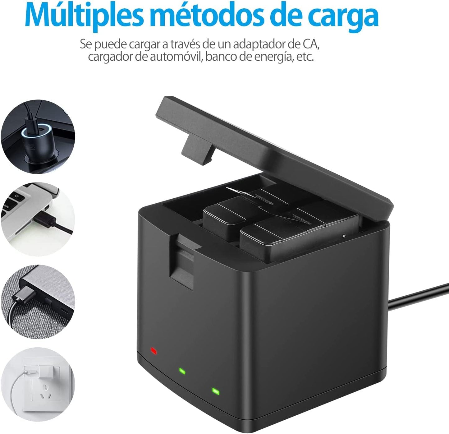 Baterías de Repuesto PHTEGI Hero 8 1220 mAh con Cargador USB LED 3 Canales para GoPro Hero 8/7/6/5 Black