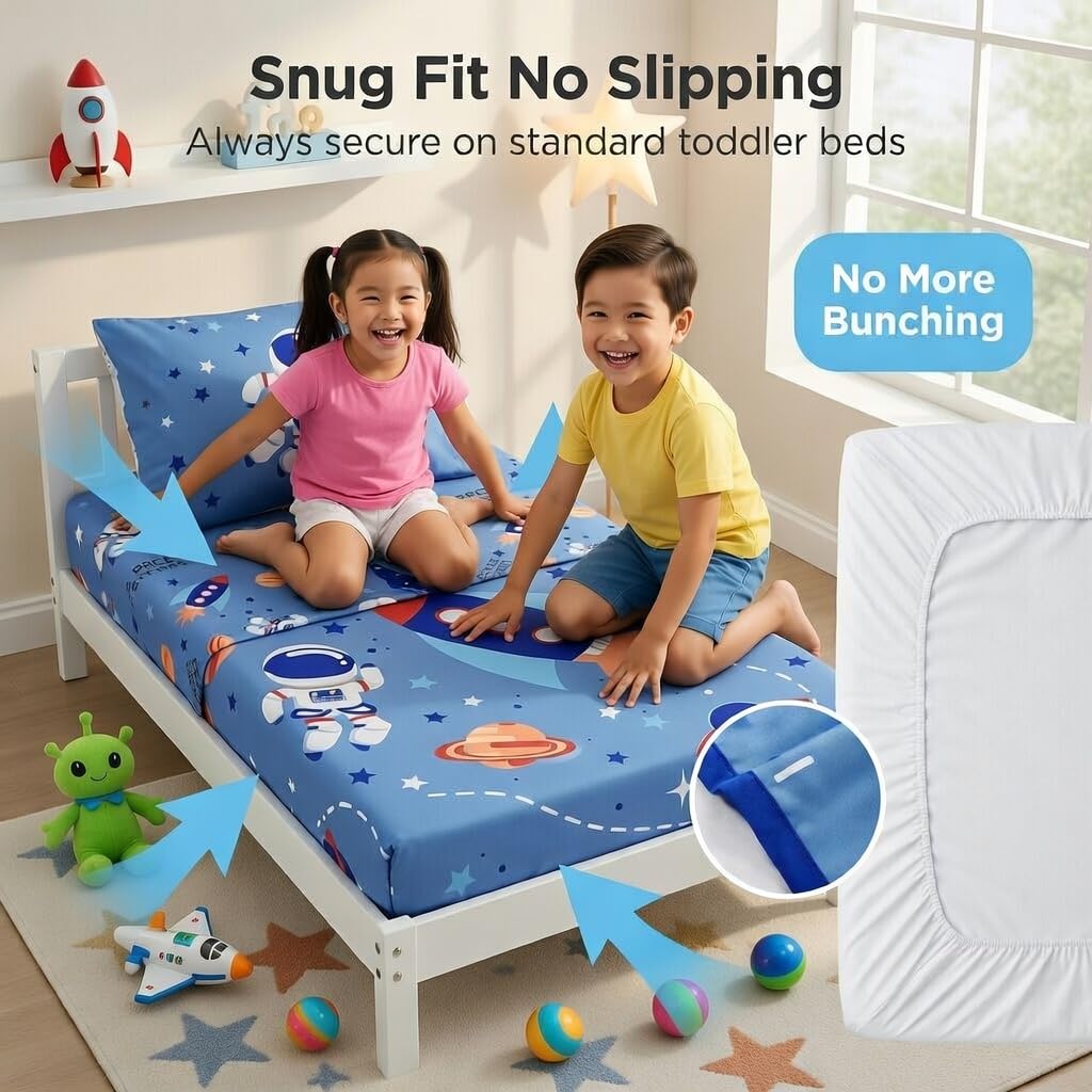 EVERYDAY KIDS - Juego de ropa de cama de 4 piezas para niños pequeños, incluye edredón, sábana encimera, sábana bajera y funda de almohada reversible