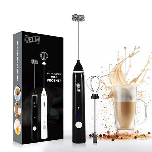 DELM Espumador Eléctrico de Leche, Espumador de Cafe, Mezclador de Bebida, Espumador de Mano, Mezclador de Cocina, Mezclador de Mano, Mezclador Eléctrico Recargable por USB, Mini Batidor de Mano.