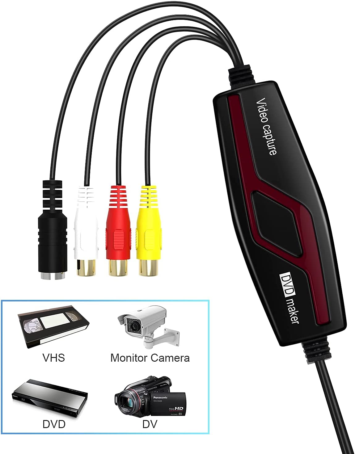 DIGITNOW Convertidores de Video USB 2.0, Convertidor de Captura de vídeo USB, VHS a DVD Digital Grabber Grabador, Capturadora Digitalizadora de vídeo para Mac OS X/Windows 7 8 10 PC