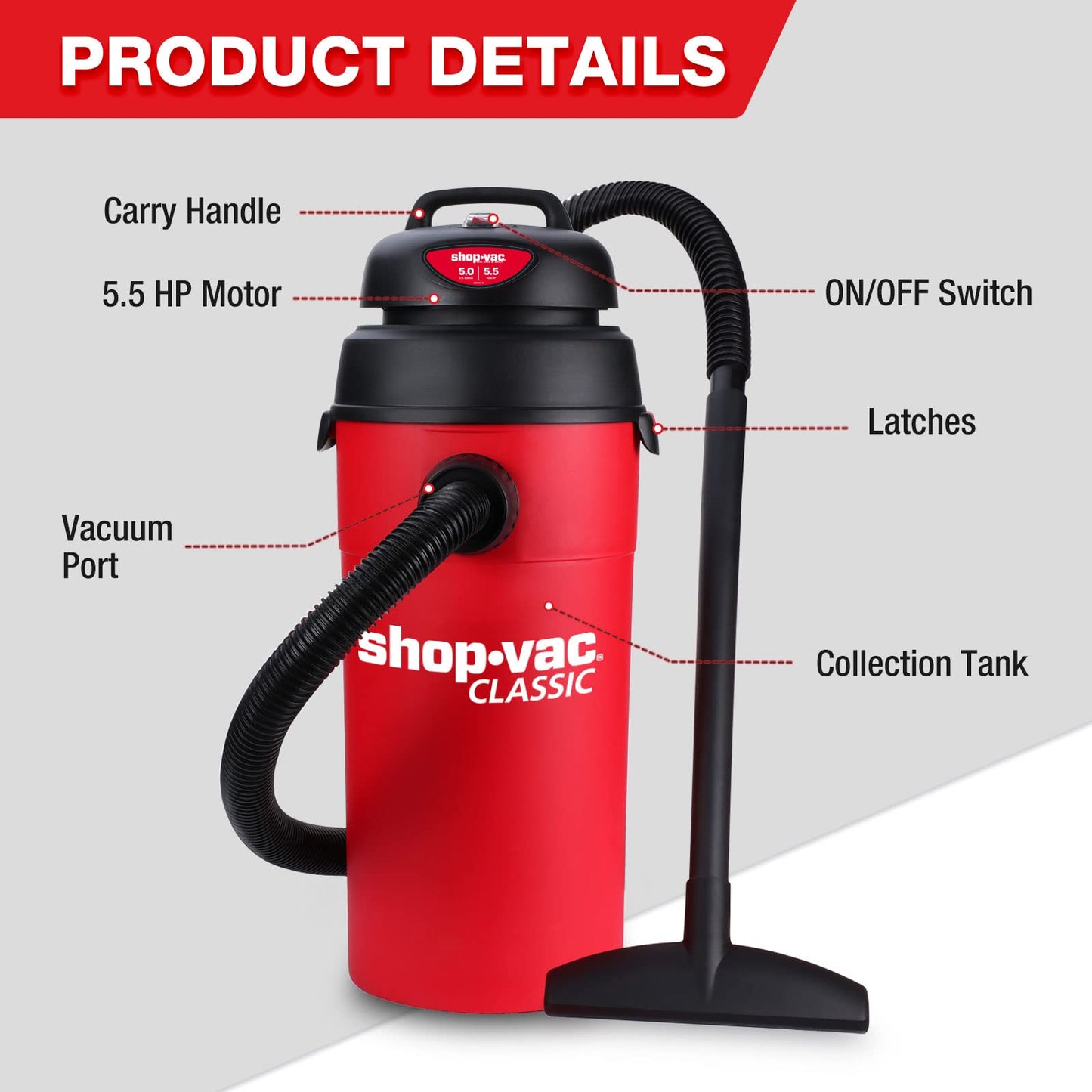 Aspiradora Shop-Vac 5 Galones Negra Compacta para Trabajo Húmedo y Seco