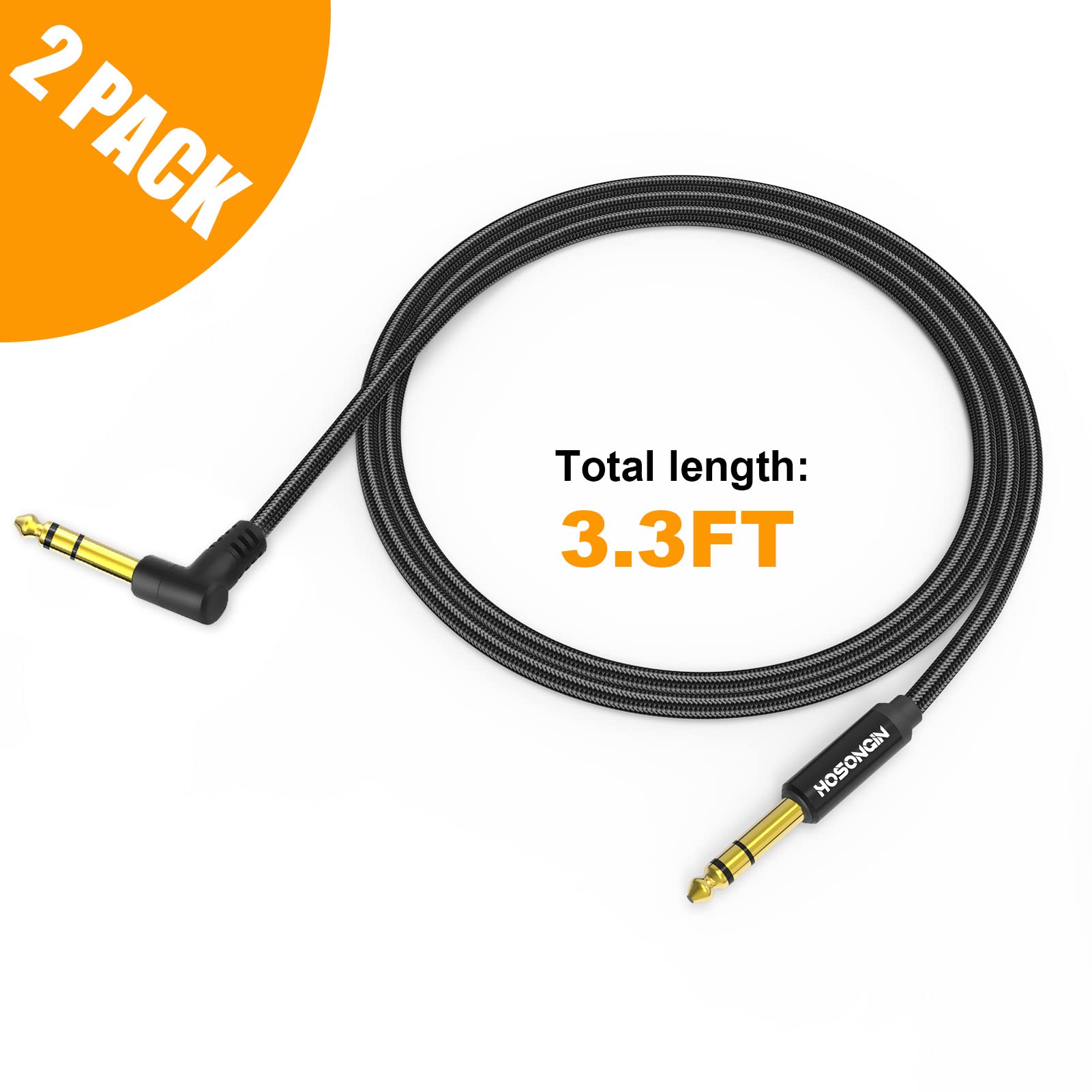 HOSONGIN Cable de instrumento TRS de 1/4 pulgadas, paquete de 2 unidades, de ángulo recto a recto de 6,35 mm, cable de audio estéreo masculino, línea de interconexión equilibrada para guitarra eléctrica, bajo, teclado, mezclador, amplificador, altavoz