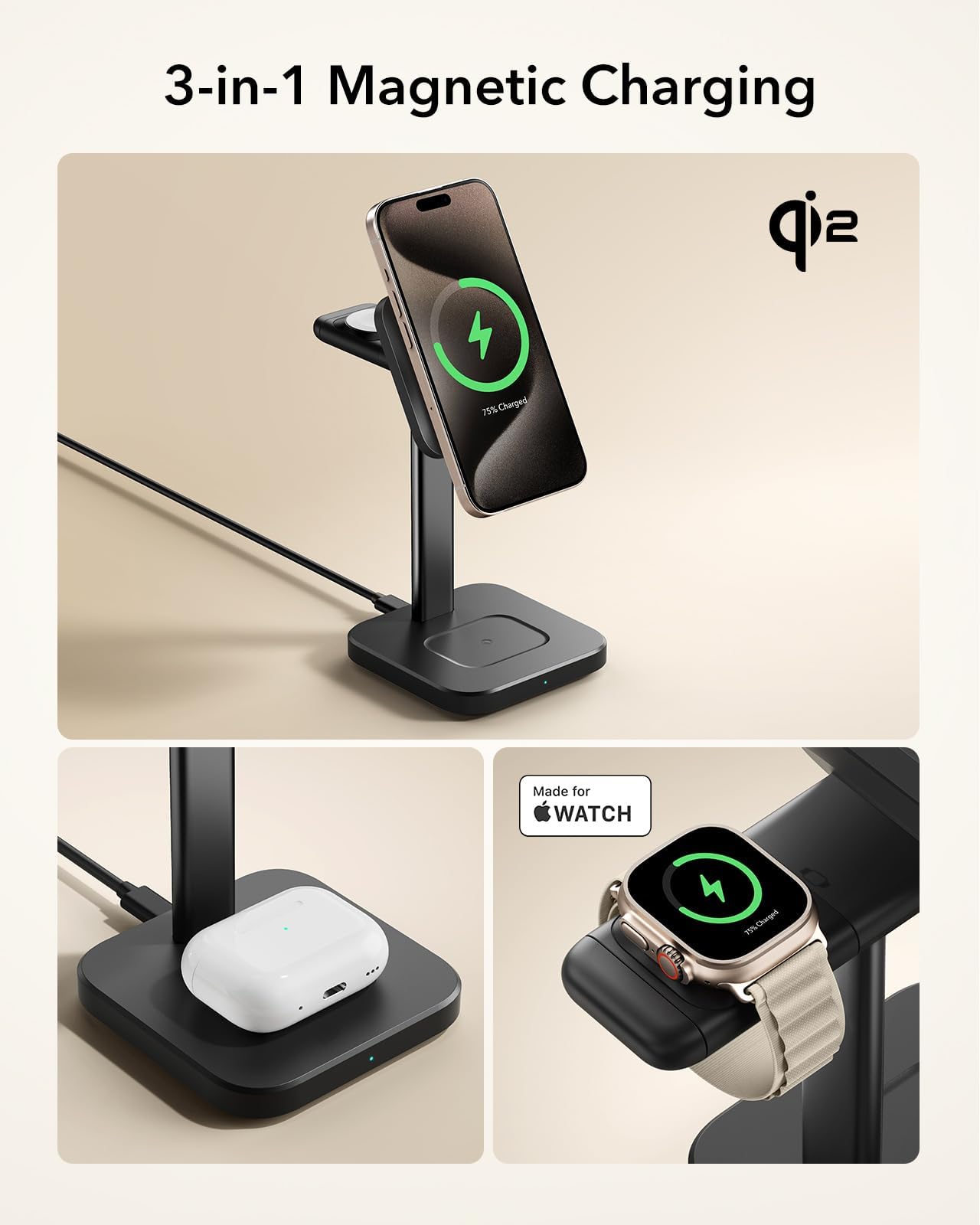 ESR Qi2 estación de carga inalámbrica 3 en 1, [certificado] cargador Apple Watch y cargador Qi2 MagSafe de 15 W para iPhone, cargador inalámbrico para múltiples dispositivos iPhone 16/15/14/13 y reloj