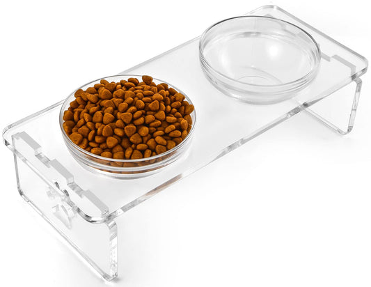 Juego de Cuencos Elevados Acrílico 9,5 cm para Mascotas Pequeñas Con Acero Inoxidable y Vidrio para Alimentos y Agua