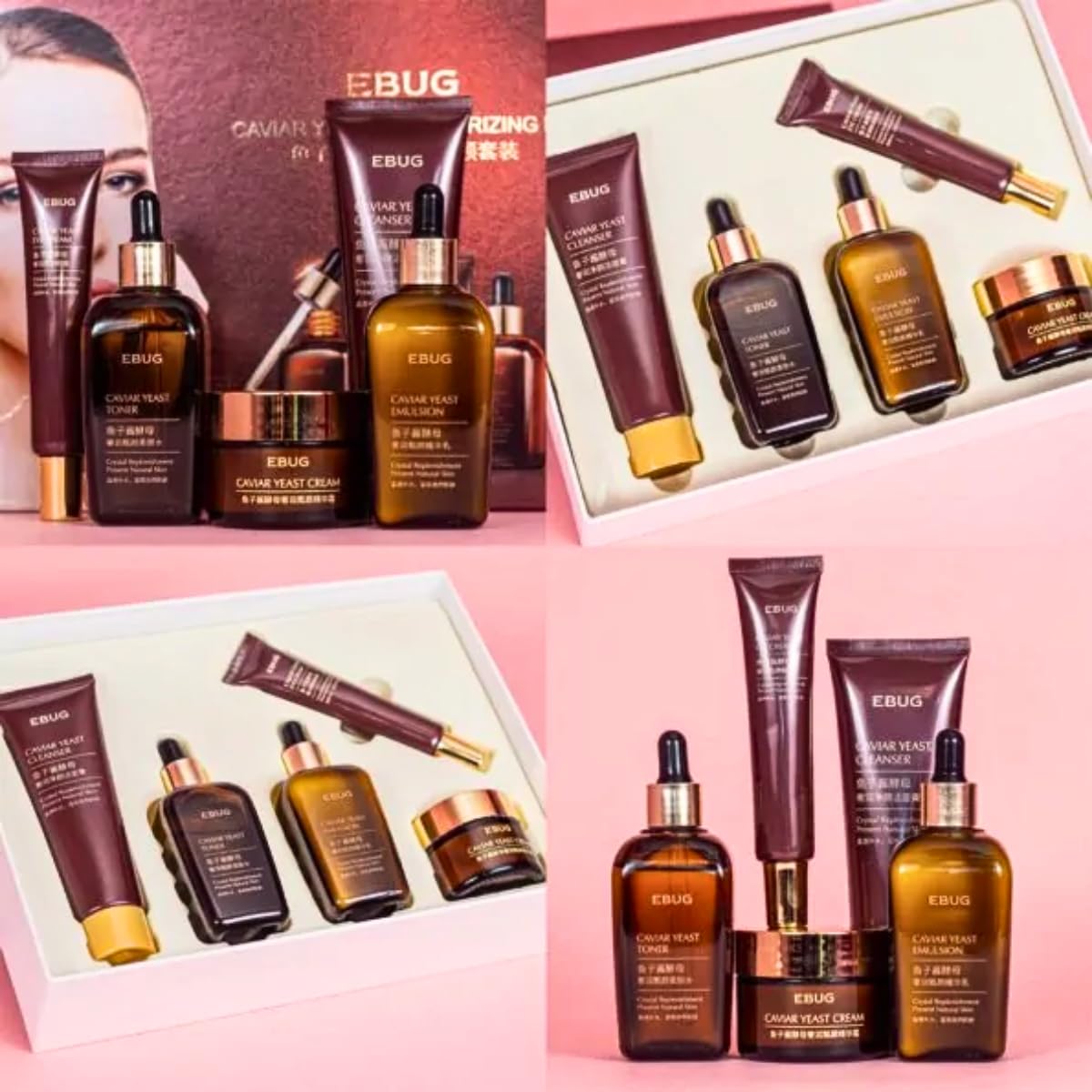 UNIVERSOENLÍNEA.COM Set 5 Piezas Cuidado Facial Caviar Yeast Moisturizing Kit Rutina Facial Coreana Completa Piel Reseca Extracto Caviar Acido Hialuronico Anti Arrugas Lineas de Expresion