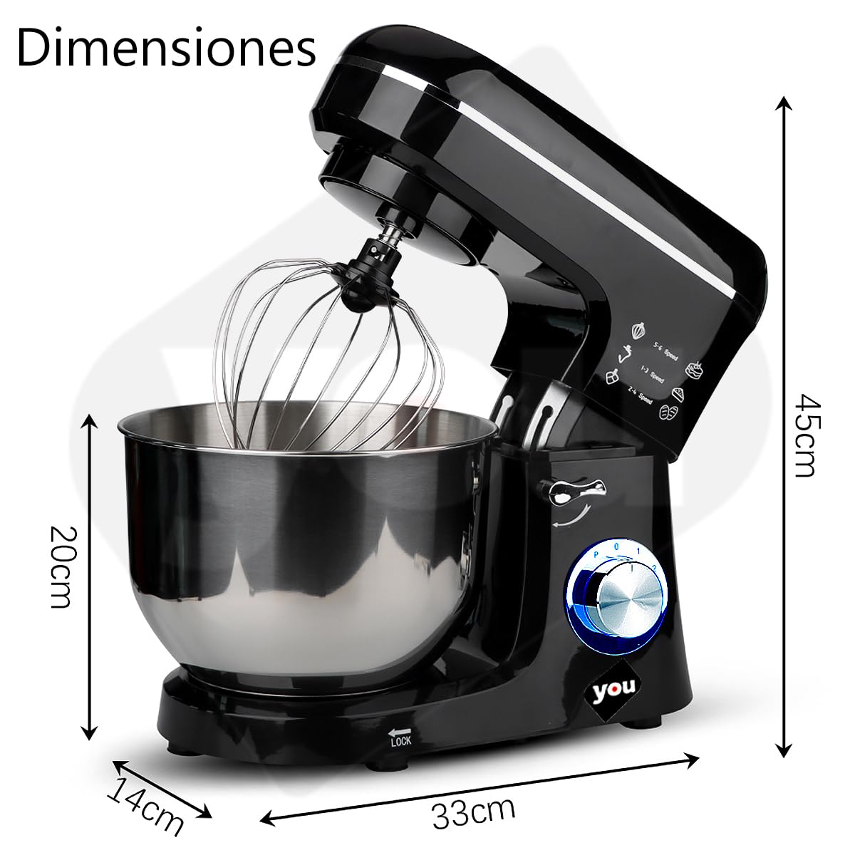 Batidora de Pedestal Profesional Planetaria Uso Rudo 6 Velocidades de 1100 Watts Tazón de 5.8 Litros, Cabeza Inclinable con Accesorios Repostería y Panadería en el Hogar