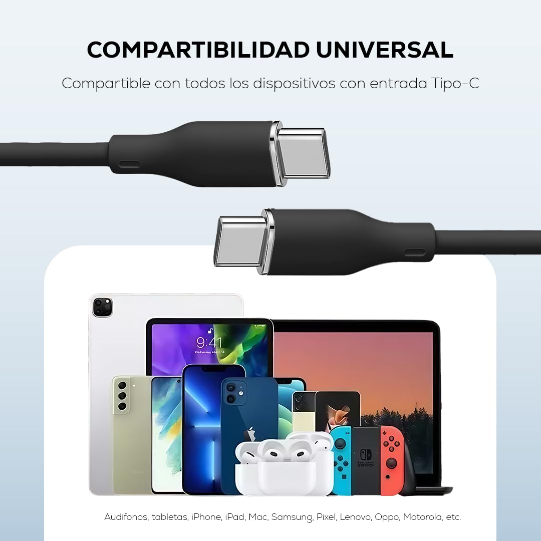 Cable Tipo C MUBITECH Negro Carga Rápida 65W para Dispositivos Tipo C