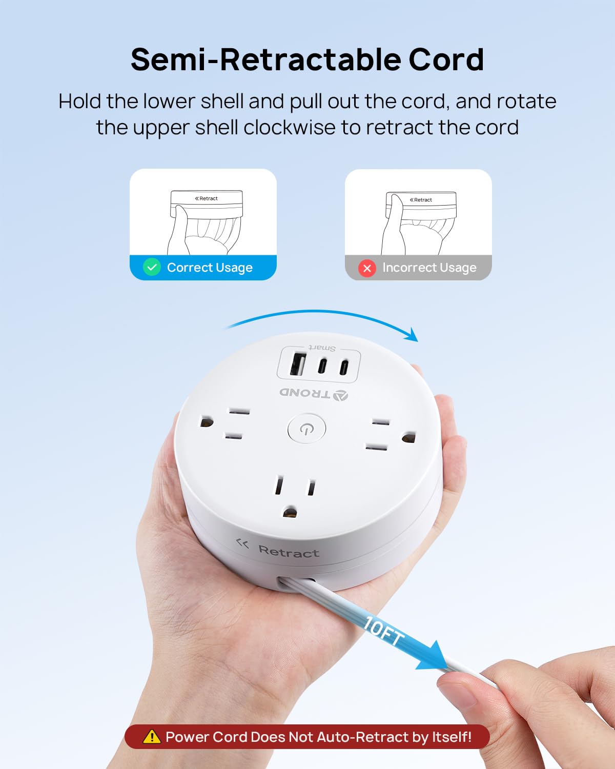 TROND Regleta de Viaje retráctil, Enchufe Plano Ultrafino retráctil, Cable de extensión semirretráctil de 3 m, regleta con 3 Tomas de CA 3 USB (2 USB C), Elementos Esenciales para cruceros