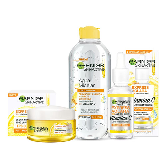 KIT GarnierExpress Aclara Serum + Crema + Agua micelar con Vitamina C