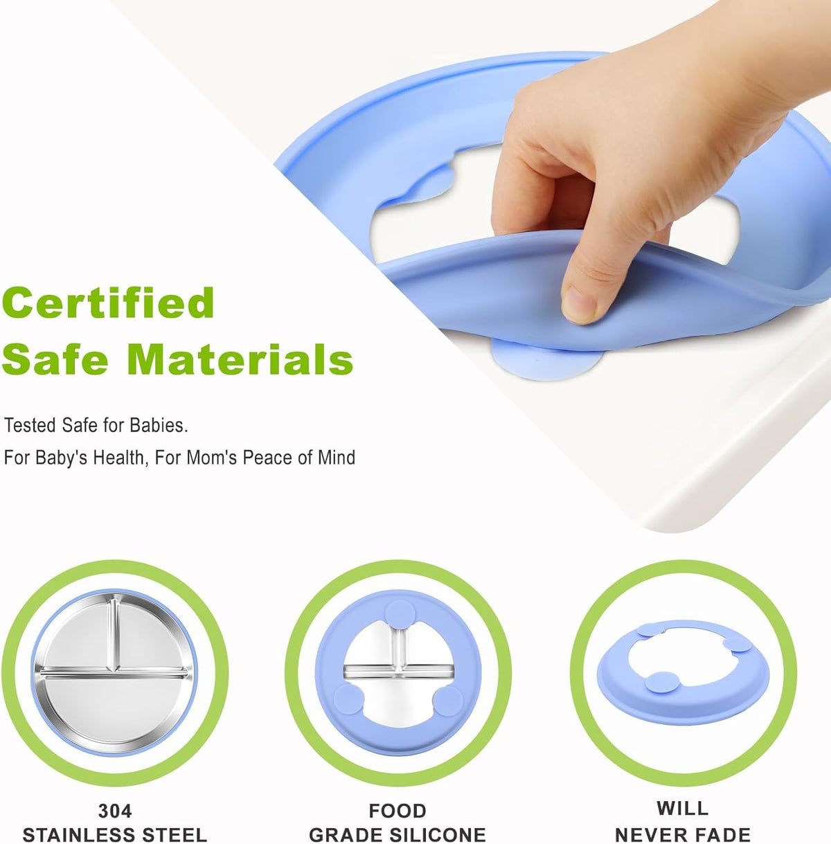 2 Plat de acero inoxidable con succión, platos divididos de 9 pulgadas con mangas de silicona extraíbles, Placas de acero inoxidable sin BPA (Azul y Rosa)