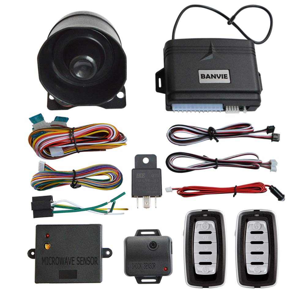 Sistema de Alarma de Seguridad de Entrada Sin Llave Universal BANVIE Negro con Sensor de Golpes y Microondas y Dos Mandos a Distancia de 5 Botones