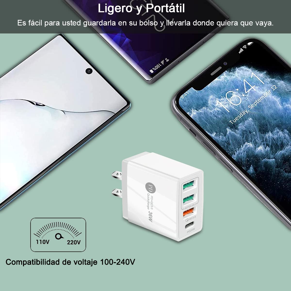 HONGHCL Cargador de Carga Rápida 36W 4 en 1, Cargador USB C y 3 USB A 3.0, Cargador Portátil con 4 Puerto Cargadores, Cargador Rapido Viaje con QC 3.0, PD20W, Compatible para Celular, Laptop y más