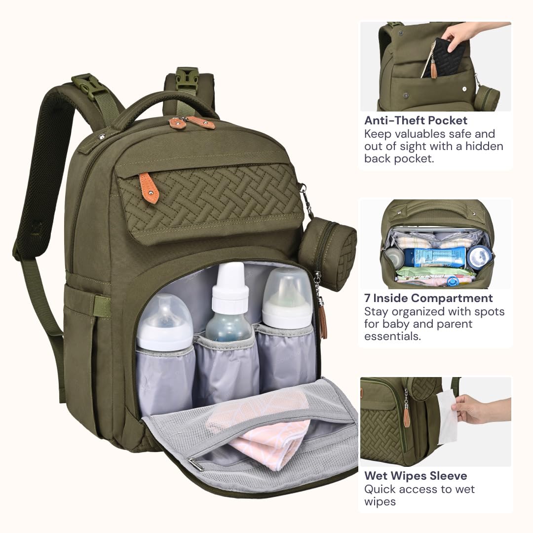 BabbleRoo - Mochila cambiadora para pañales, para bebé, unisex, con colchoneta cambiadora, portachupete y correas para carriola - Bolsa de viaje grande impermeable para niños y niñas, verde, 1 Count