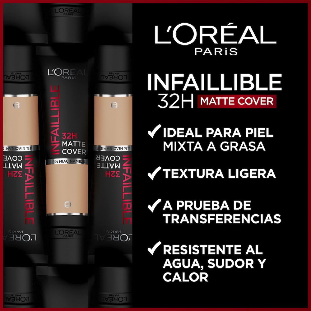L’Oréal Paris, base de maquillaje de alta cobertura mate y larga duración, Infallible 32h Matte Cover, tono 300 Ambre, 30ml