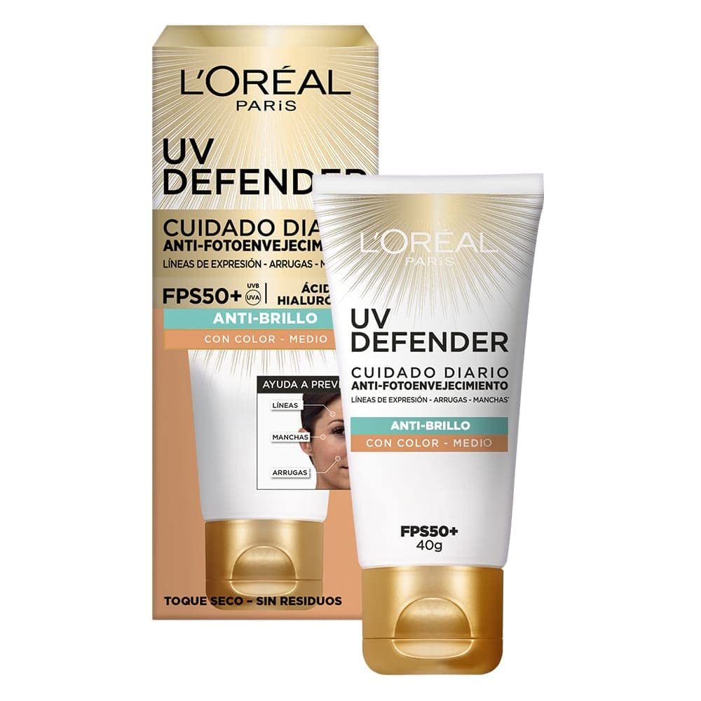 L'Oréal Paris Protector Solar Diario Anti-Brillo FPS50+ UV Defender Tono Medio, 40ml + Crema antiarrugas de día Revitalift L'Oréal Paris, 50 ml