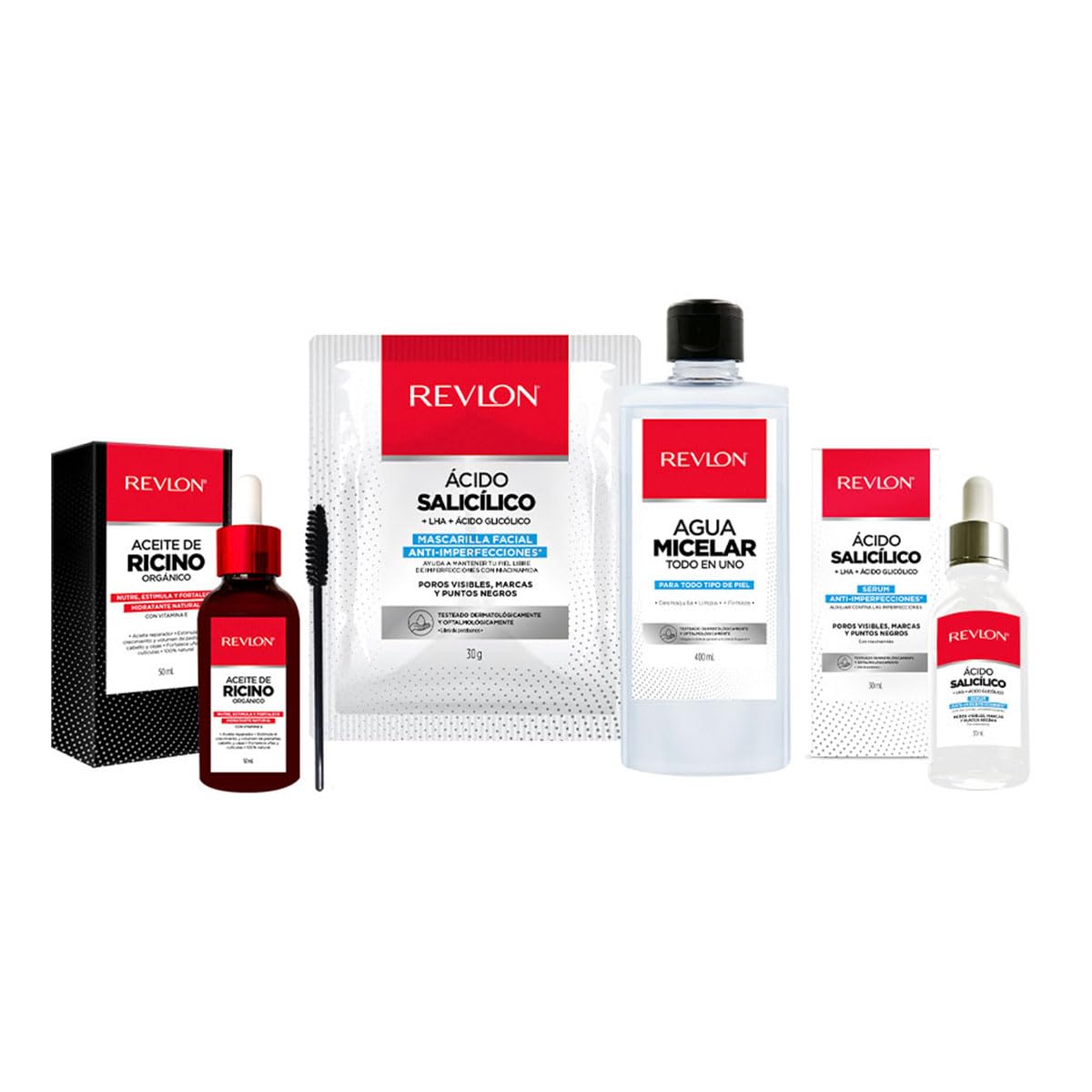 Revlon - Set Aceite de Ricino, Agua micelar todo en 1, Mascarilla Facial y Suero de Ácido Salicílico
