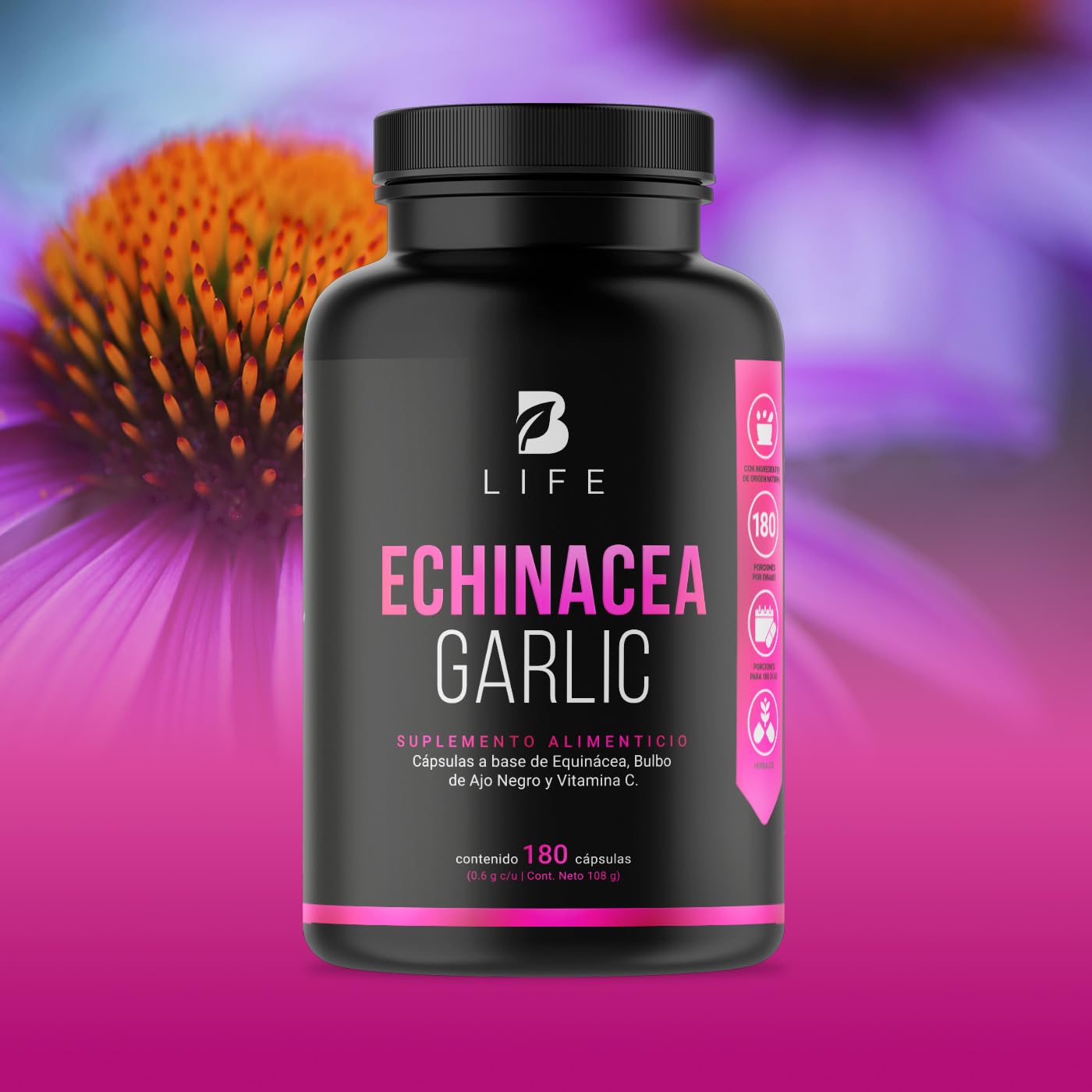B Life Equinácea de 180 Cápsulas de 600 mg. Adicionado con Ajo Negro y Vitamina C. Ingredientes naturales. Echinacea Garlic.
