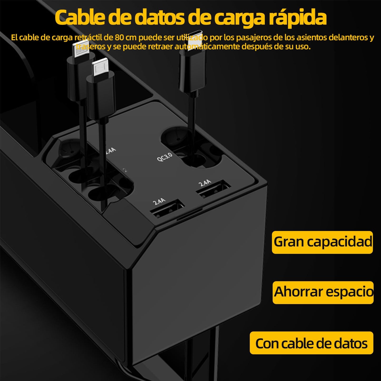 Relleno de Espacio para Asiento de Coche,Asiento Organizador del Coche Con QC3.0 puerto de carga rápida, Equipado con interfaz USB y IOS、Type-C、Android cable de carga,uardar de Teléfonos Llaves etc.