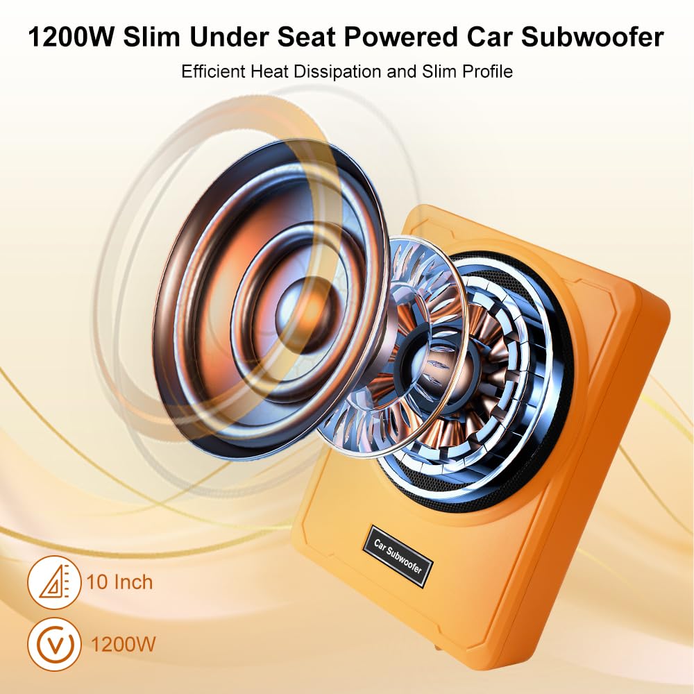 litillbuly Subwoofer de 10 pulgadas 1200 W naranja para coche, subwoofer delgado para debajo del asiento, entrada de nivel alto/bajo, subwoofer de audio para coche/camión, subwoofer incorporado