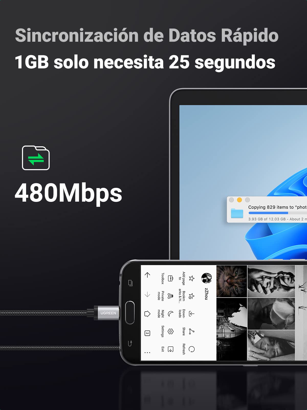 Cable Micro a USB de Carga Rápida UGREEN 3M Nylon Trenzado QC3.0/2.0